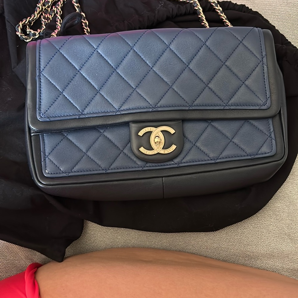 Chanel Blue Quilted Shoulder Bag with Gold Chain